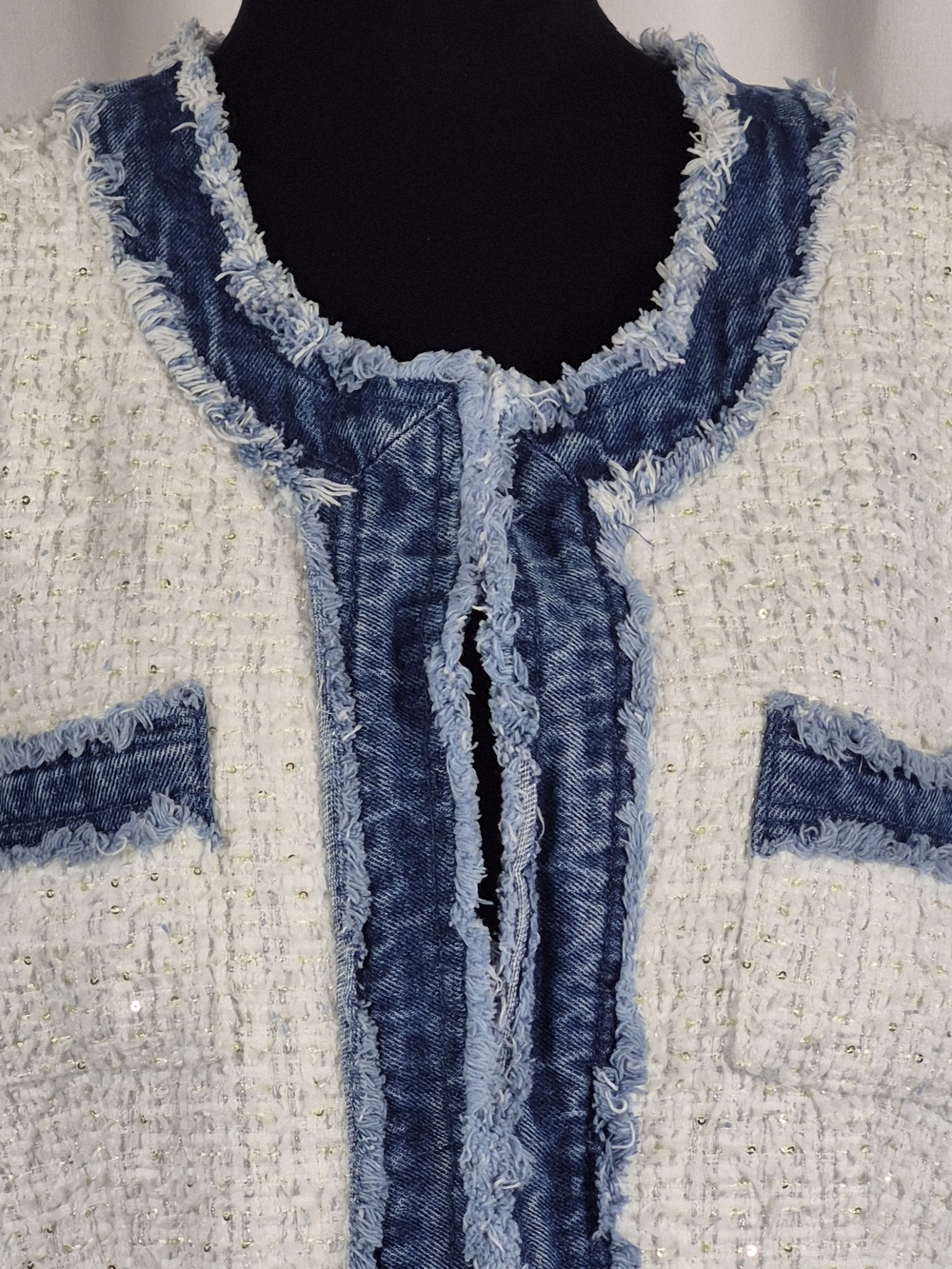 Nanette Lepore Tweed & Frayed Denim Jacket w/ Metallic Thread Sequins - Size XL - Picture 7 of 16